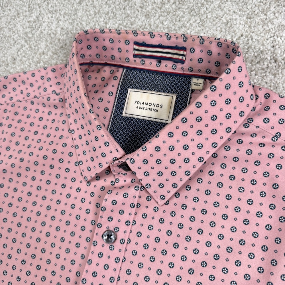7Diamonds Button Up Shirt Mens Small Pink Geometric 4 Way Stretch Short Sleeve
